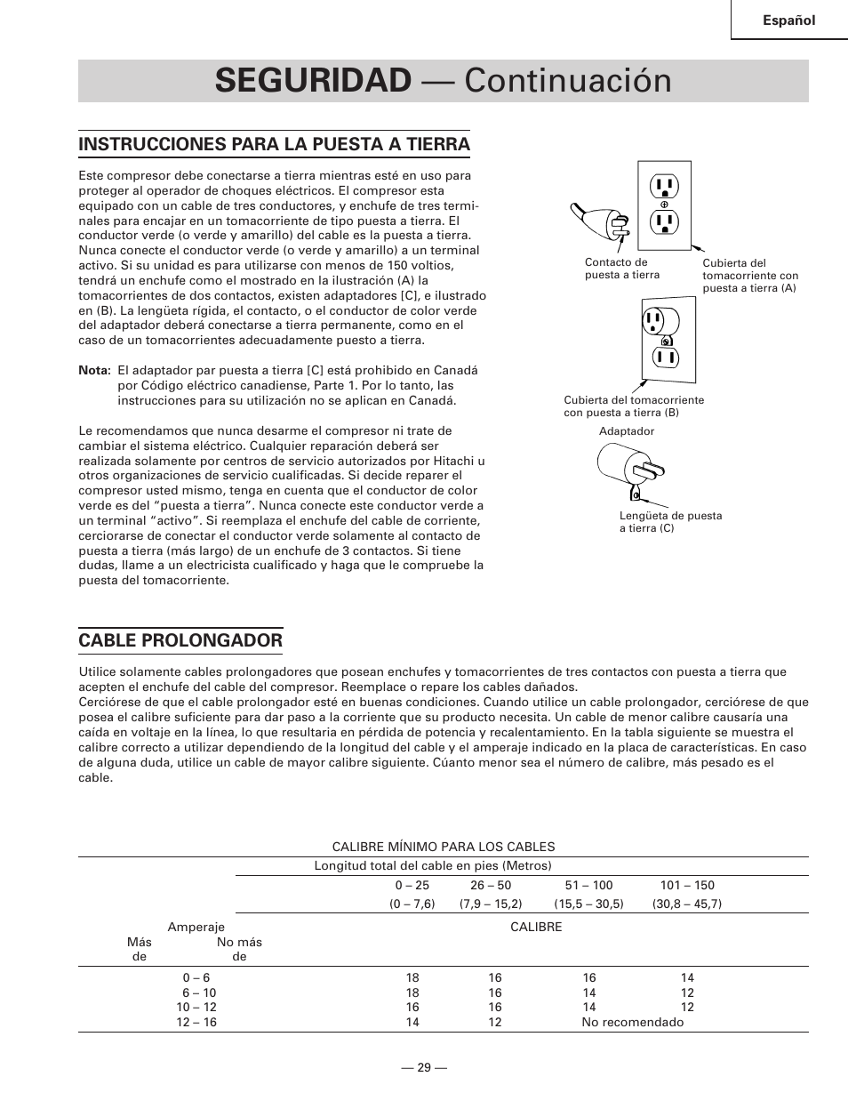 Seguridad — continuación, Instrucciones para la puesta a tierra, Cable prolongador | Hitachi EC119 OM User Manual | Page 29 / 40