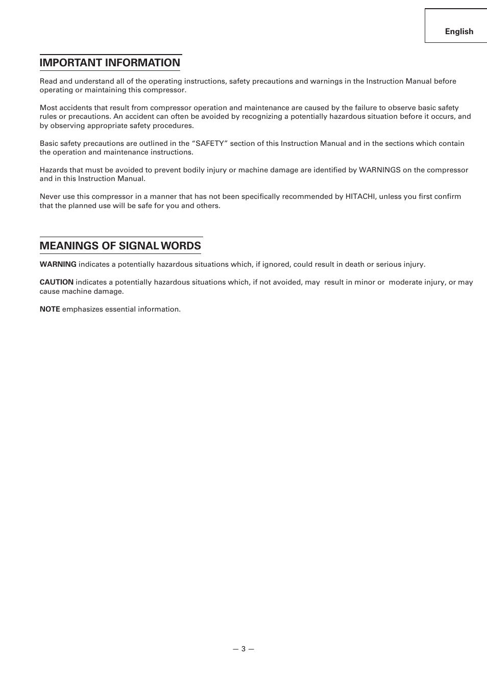 Important information, Meanings of signal words | Hitachi EC119 OM User Manual | Page 3 / 40