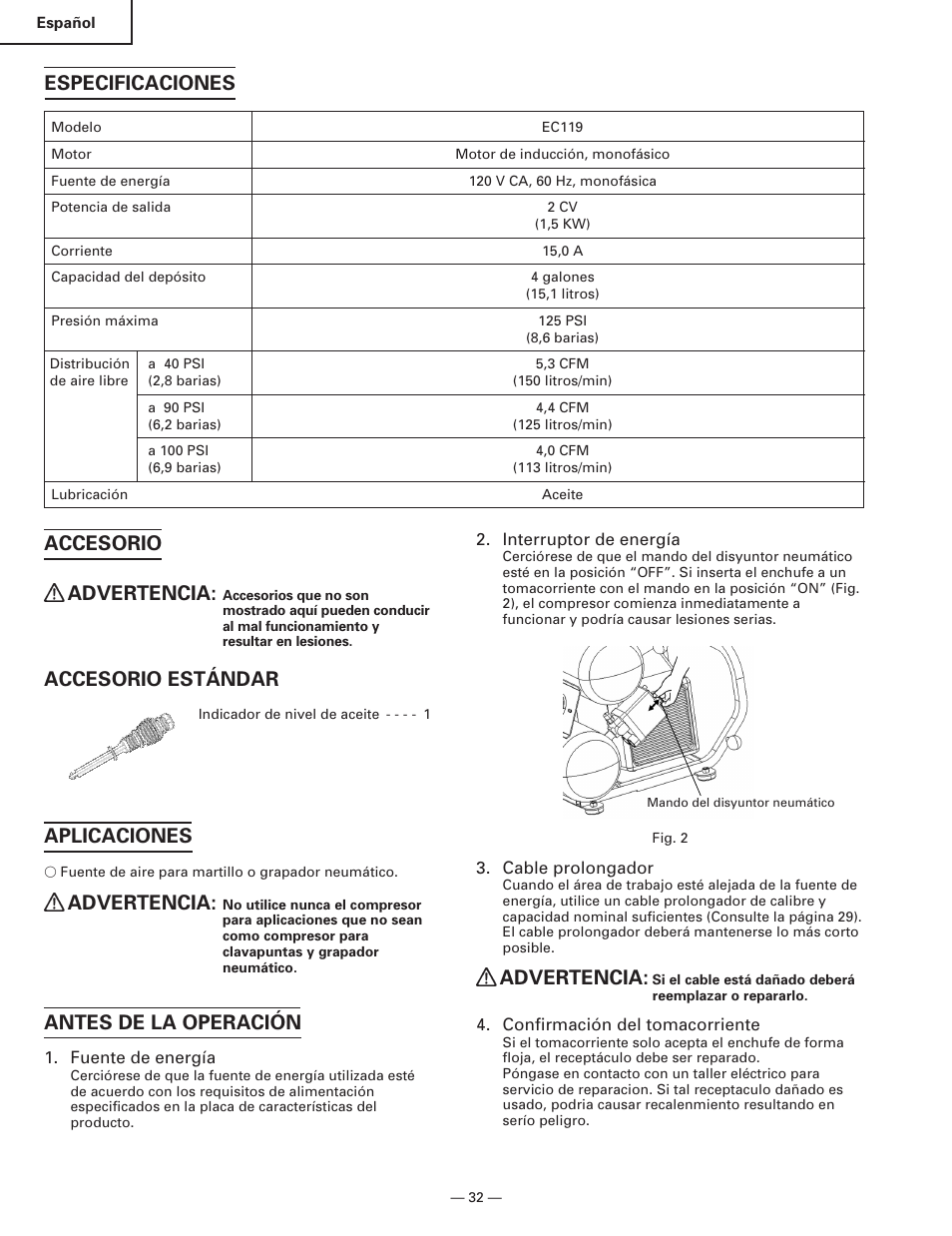 Accesorio advertencia, Accesorio estándar, Aplicaciones | Advertencia, Antes de la operación, Especificaciones | Hitachi EC119 OM User Manual | Page 32 / 40