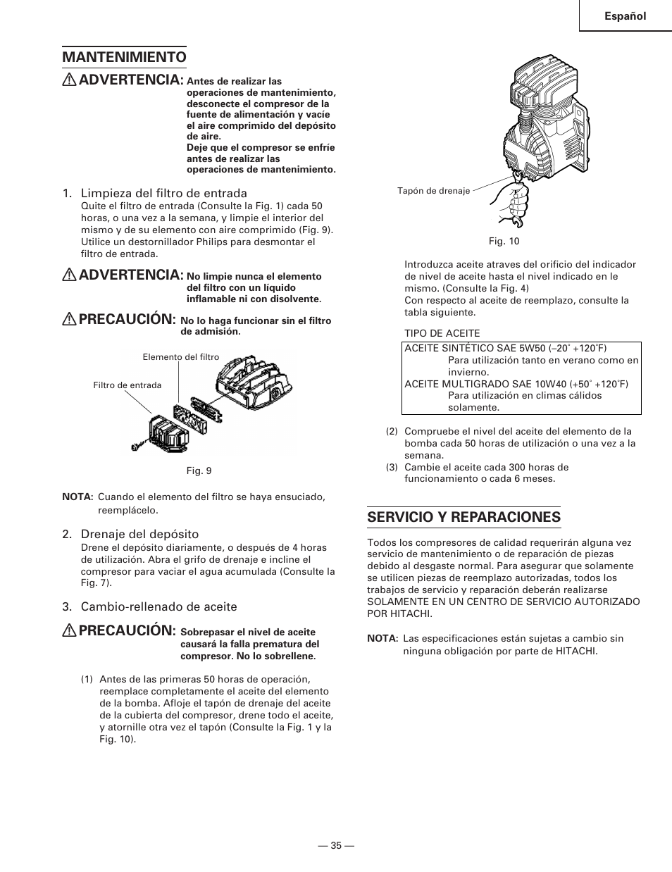 Mantenimiento advertencia, Advertencia, Precaución | Servicio y reparaciones | Hitachi EC119 OM User Manual | Page 35 / 40