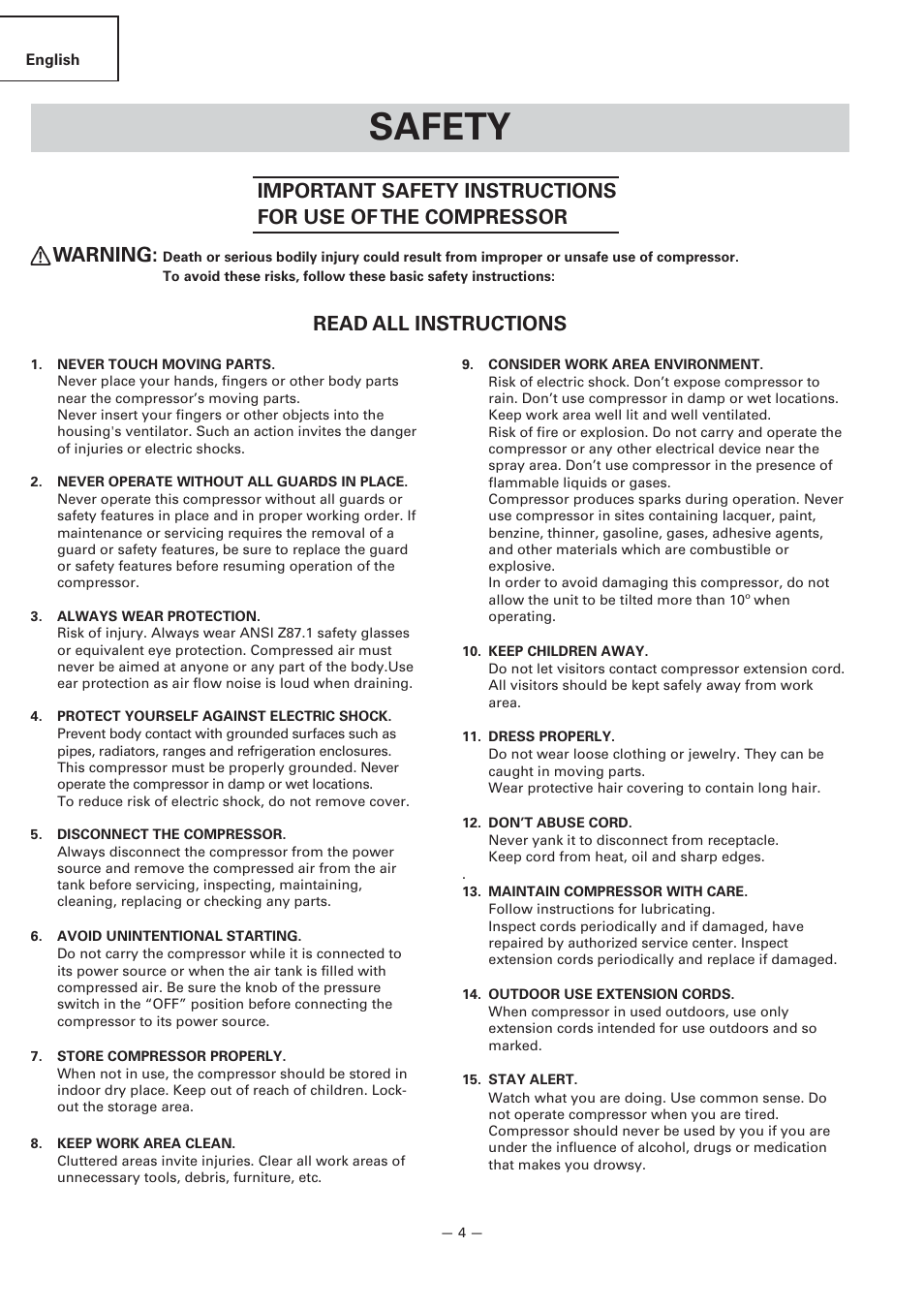 Safety, Read all instructions | Hitachi EC119 OM User Manual | Page 4 / 40