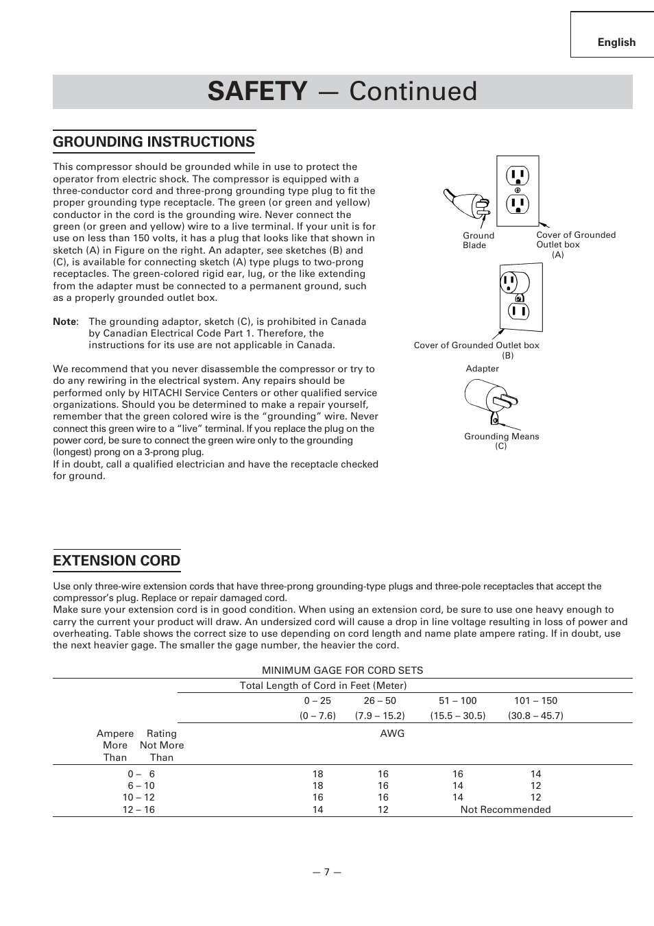 Safety — continued, Grounding instructions, Extension cord | Hitachi EC119 OM User Manual | Page 7 / 40