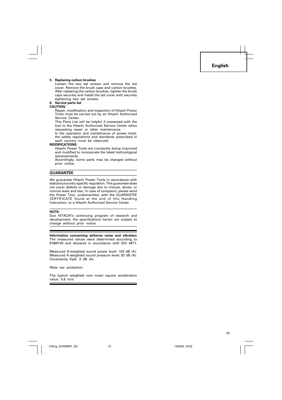 English | Hitachi DH 40MRY User Manual | Page 11 / 62