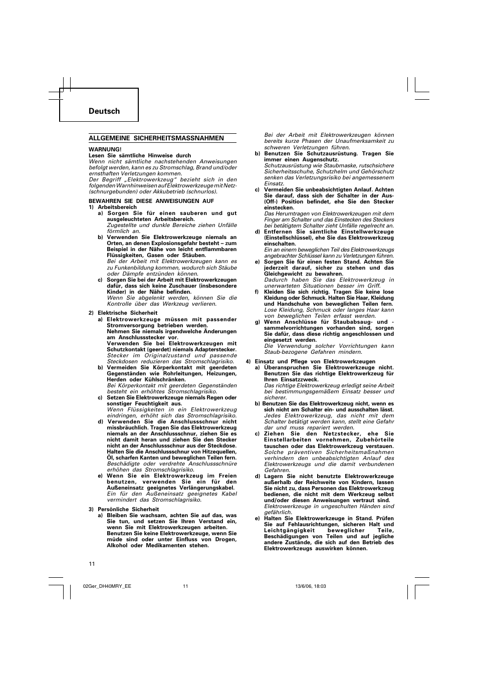 Deutsch | Hitachi DH 40MRY User Manual | Page 12 / 62