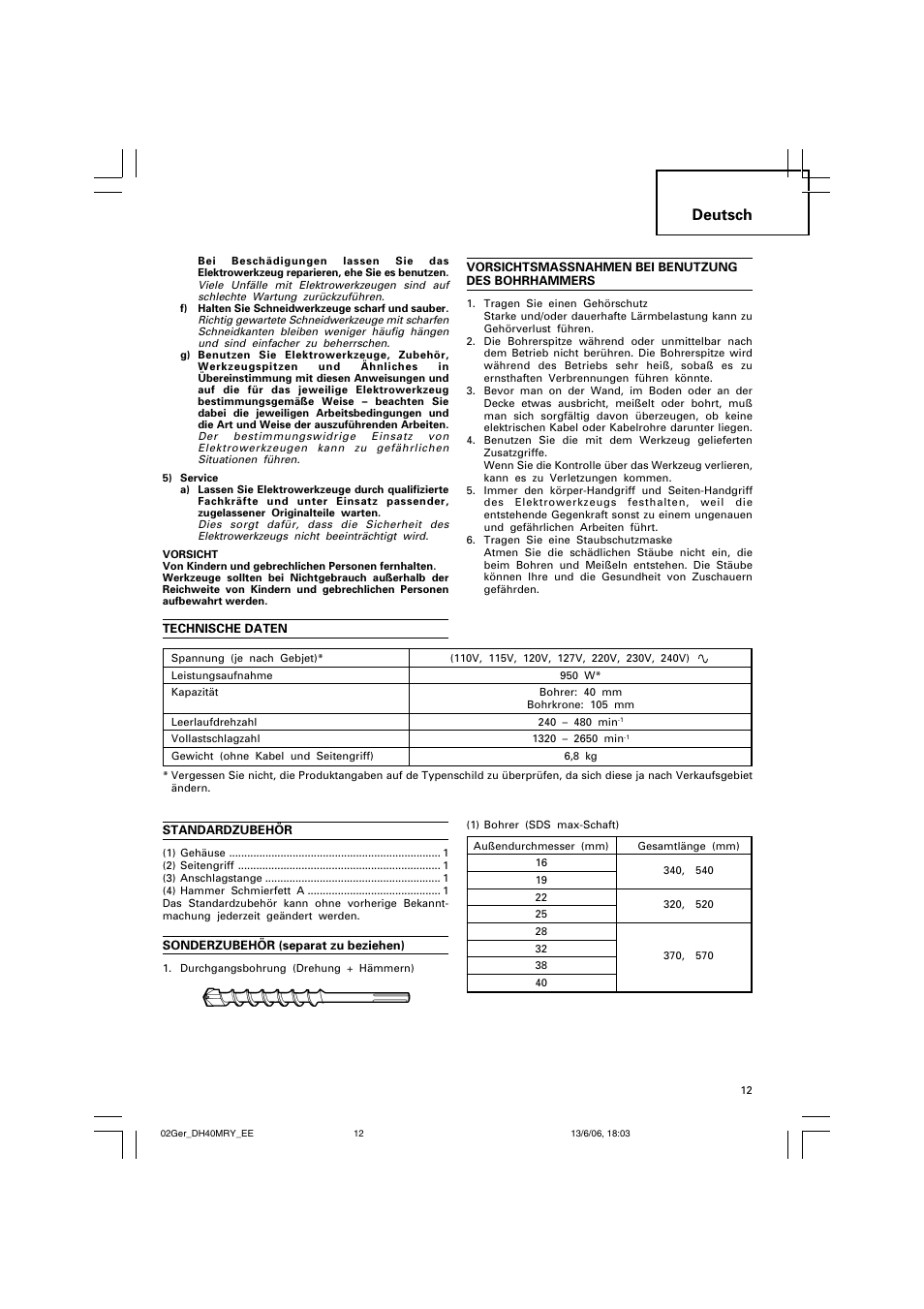 Deutsch | Hitachi DH 40MRY User Manual | Page 13 / 62