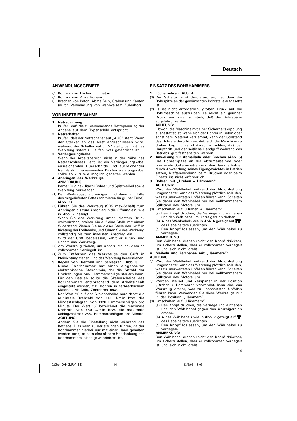 Deutsch | Hitachi DH 40MRY User Manual | Page 15 / 62