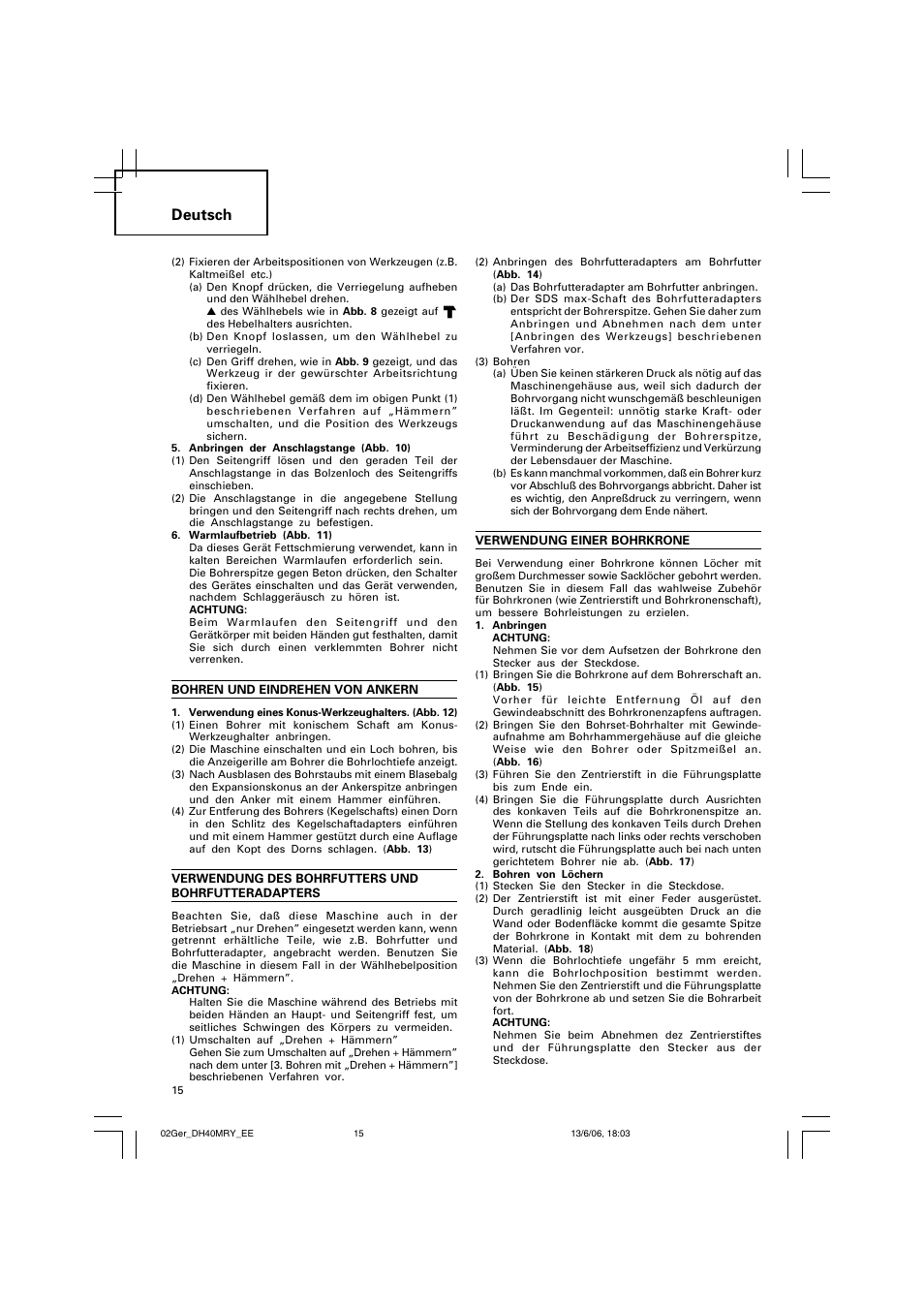 Deutsch | Hitachi DH 40MRY User Manual | Page 16 / 62