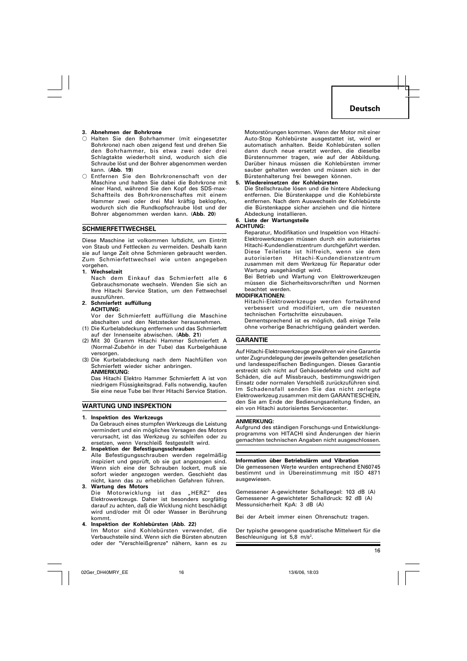 Deutsch | Hitachi DH 40MRY User Manual | Page 17 / 62
