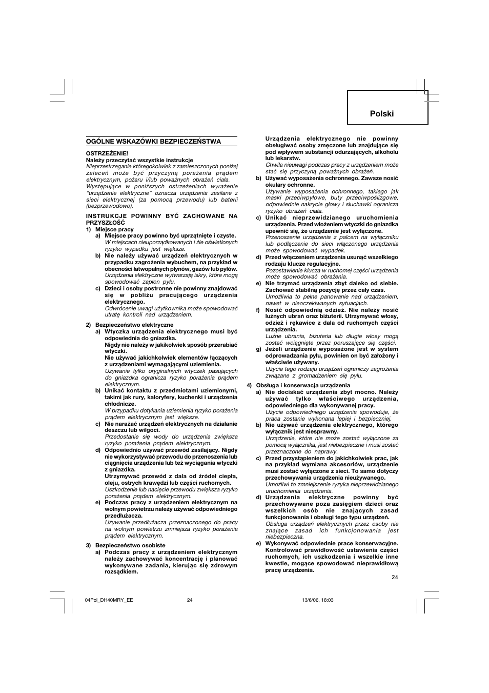 Polski | Hitachi DH 40MRY User Manual | Page 25 / 62