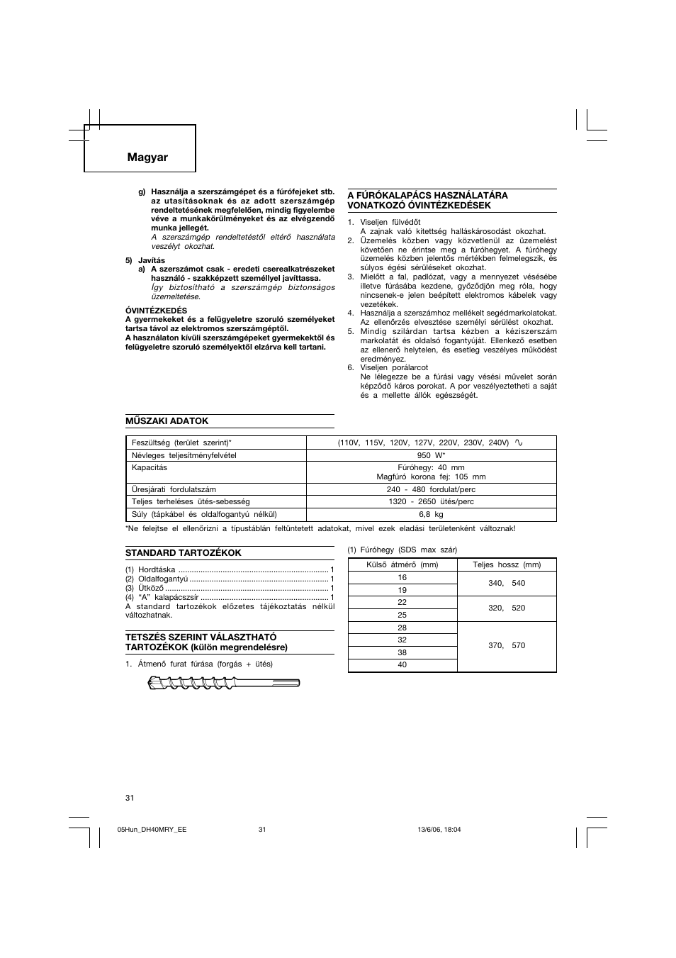Magyar | Hitachi DH 40MRY User Manual | Page 32 / 62