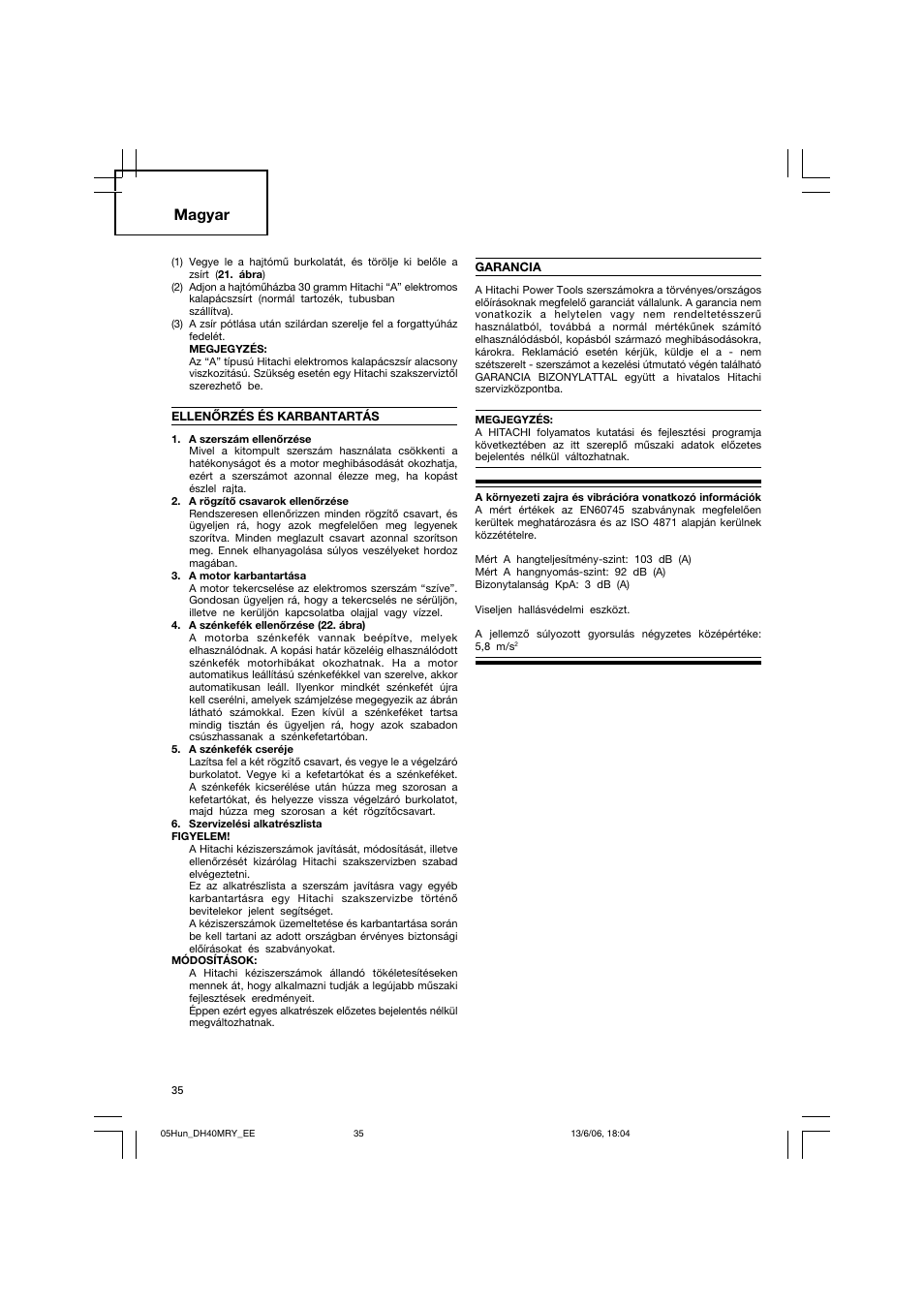 Magyar | Hitachi DH 40MRY User Manual | Page 36 / 62