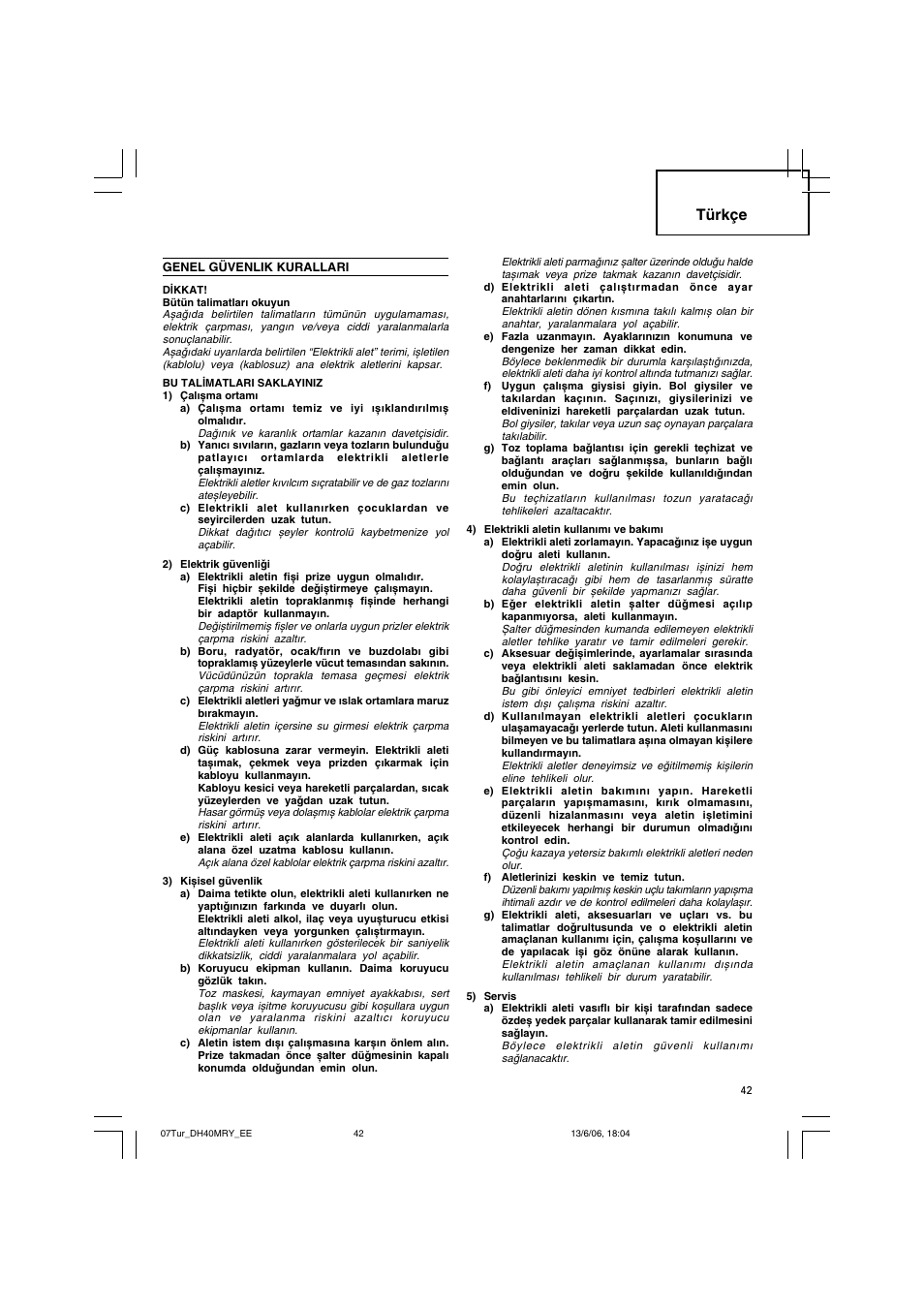 Türkçe | Hitachi DH 40MRY User Manual | Page 43 / 62