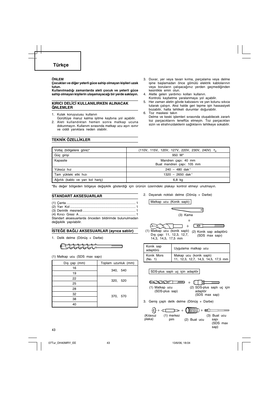 Türkçe | Hitachi DH 40MRY User Manual | Page 44 / 62