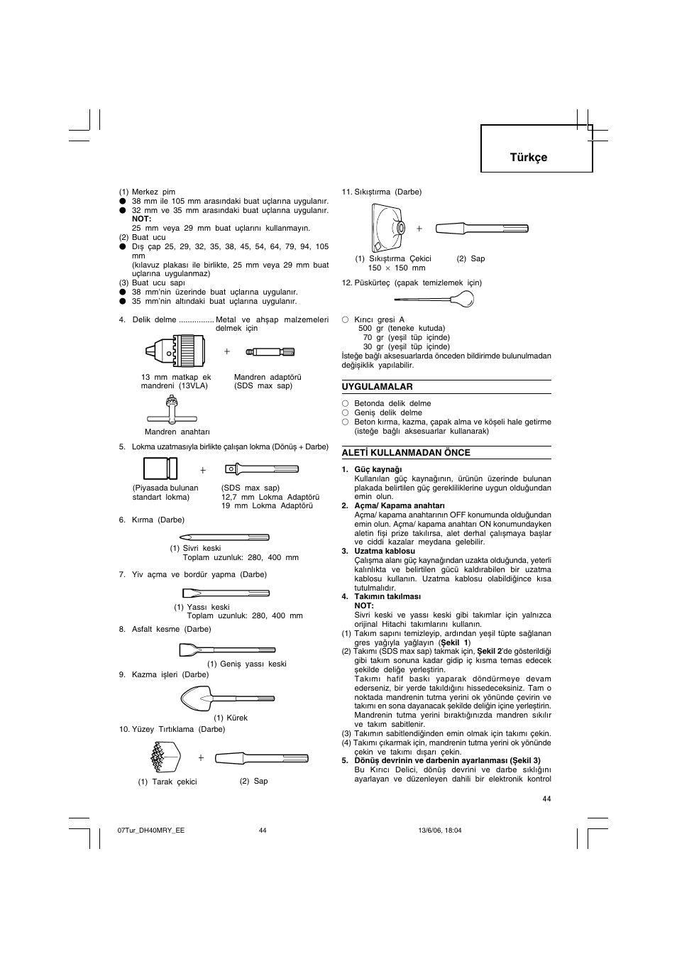Türkçe | Hitachi DH 40MRY User Manual | Page 45 / 62