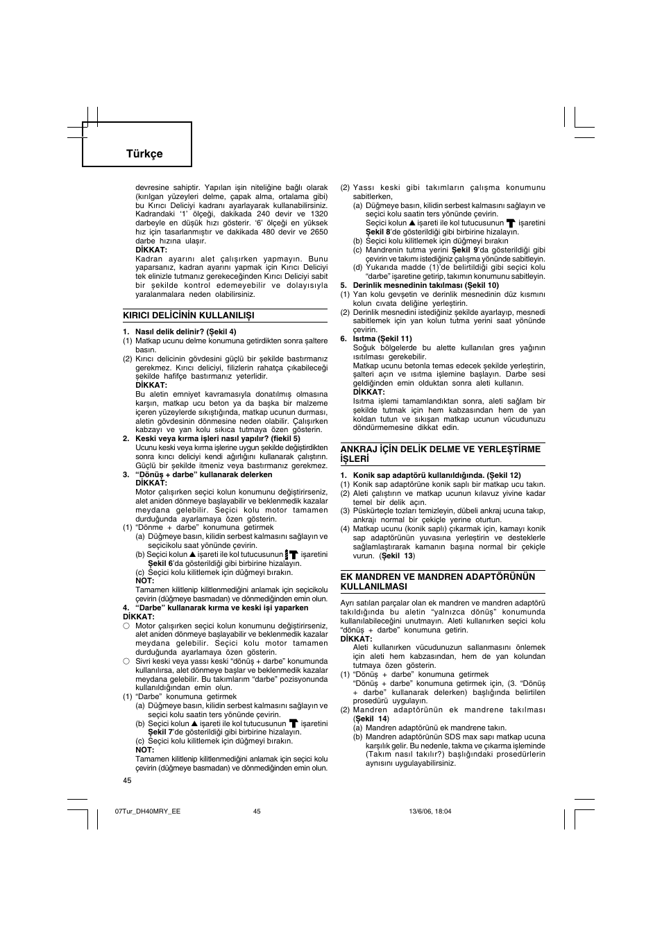 Türkçe | Hitachi DH 40MRY User Manual | Page 46 / 62