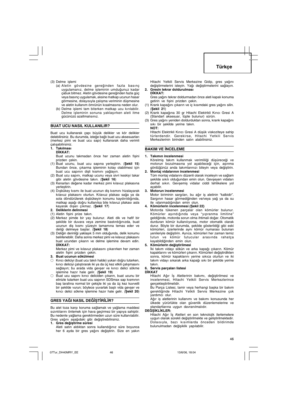 Türkçe | Hitachi DH 40MRY User Manual | Page 47 / 62