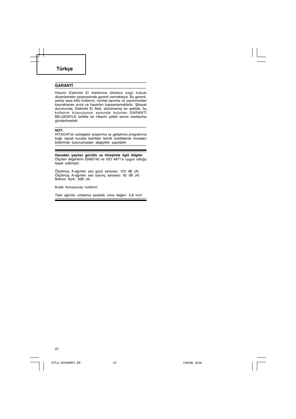 Türkçe | Hitachi DH 40MRY User Manual | Page 48 / 62