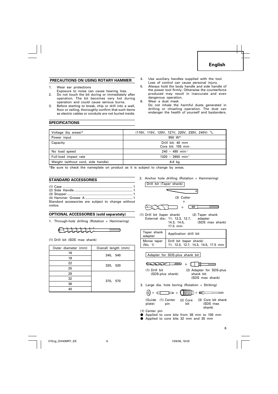 English | Hitachi DH 40MRY User Manual | Page 7 / 62
