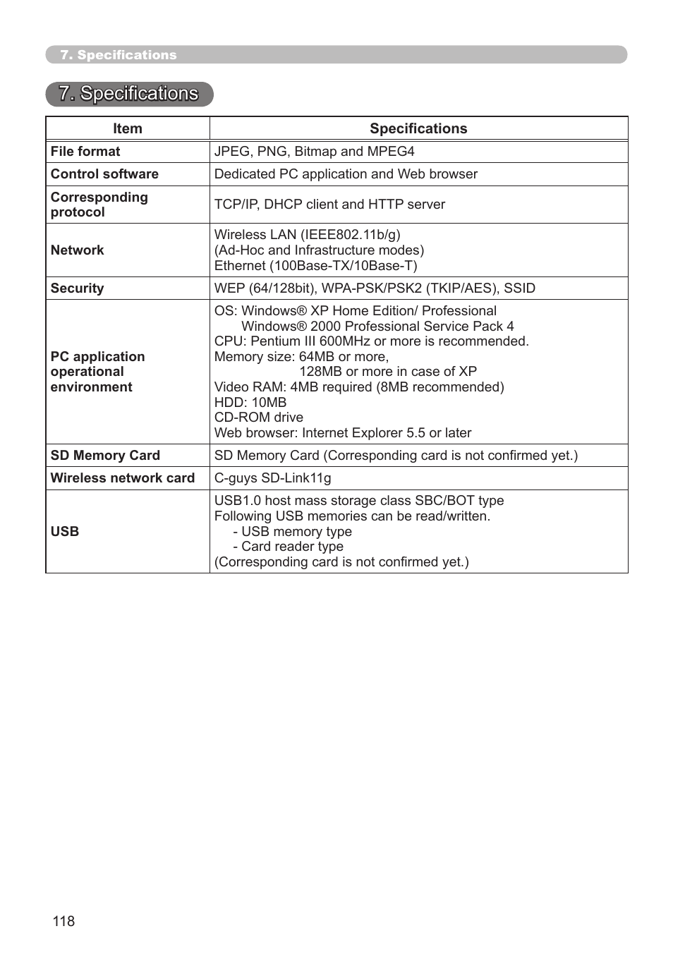 Specifications | Hitachi CP-X308 User Manual | Page 118 / 119