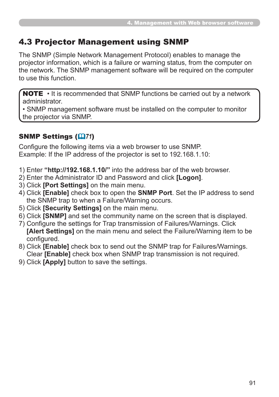 4 .3 projector management using snmp | Hitachi CP-X308 User Manual | Page 91 / 119