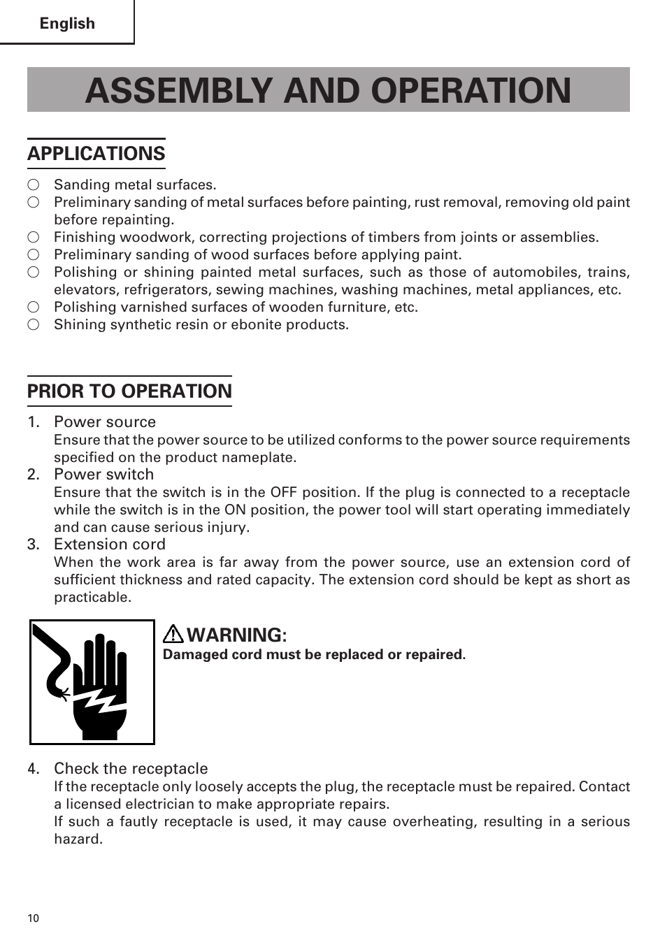 Assembly and operation, Applications, Prior to operation | Warning | Hitachi SP18VA User Manual | Page 10 / 48