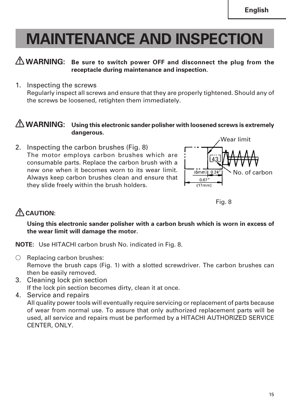 Maintenance and inspection | Hitachi SP18VA User Manual | Page 15 / 48