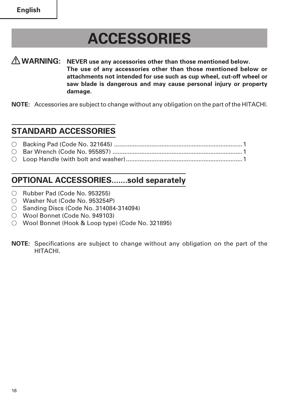 Accessories, Standard accessories, Optional accessories.......sold separately | Hitachi SP18VA User Manual | Page 16 / 48