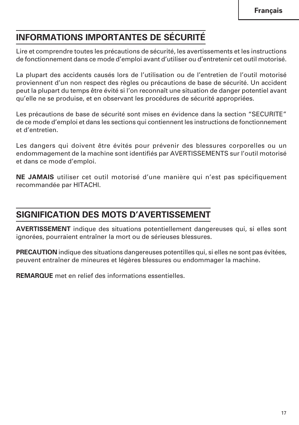 Informations importantes de sécurité, Signification des mots d’avertissement | Hitachi SP18VA User Manual | Page 17 / 48