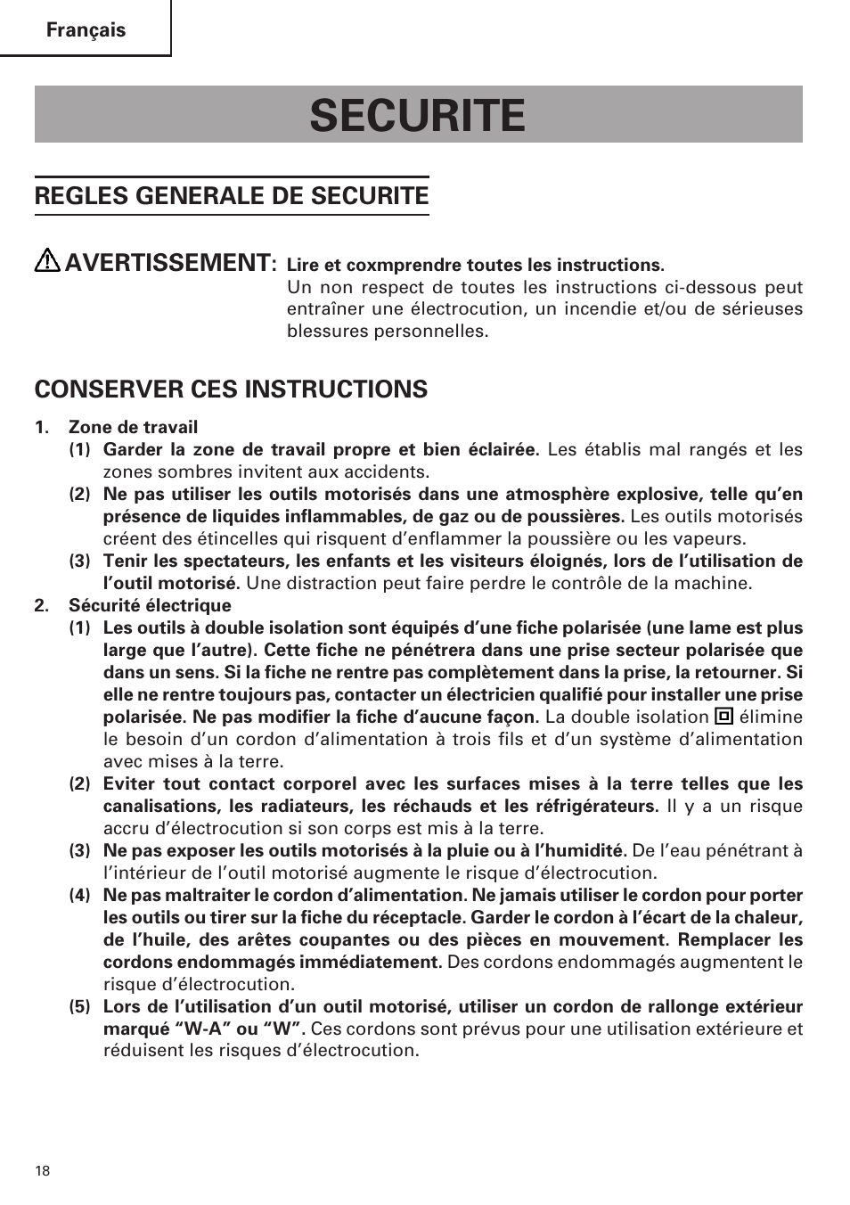 Securite, Regles generale de securite avertissement, Conserver ces instructions | Hitachi SP18VA User Manual | Page 18 / 48