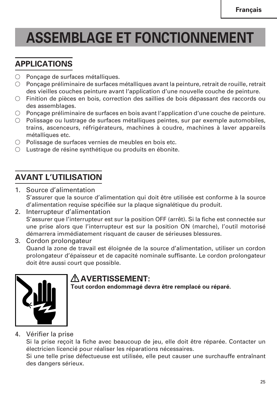 Assemblage et fonctionnement, Applications, Avant l’utilisation | Avertissement | Hitachi SP18VA User Manual | Page 25 / 48