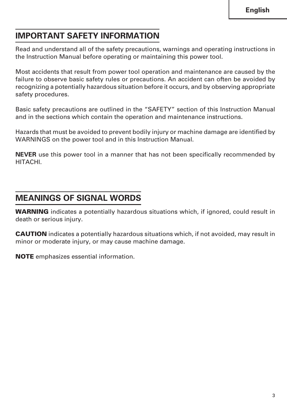 Important safety information, Meanings of signal words | Hitachi SP18VA User Manual | Page 3 / 48