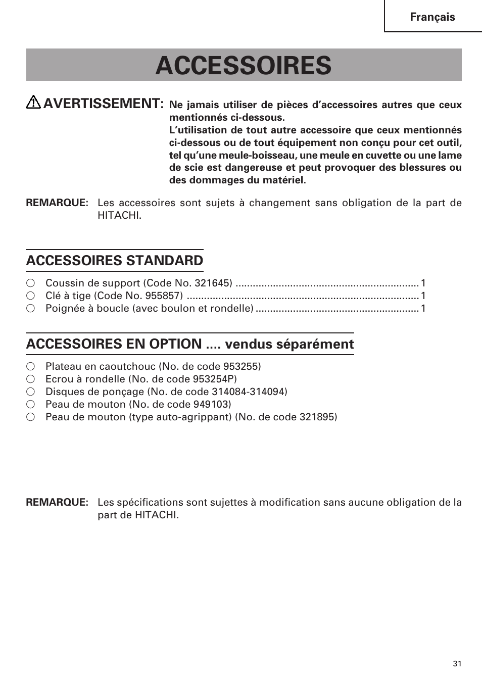 Accessoires, Avertissement, Accessoires standard | Accessoires en option .... vendus séparément | Hitachi SP18VA User Manual | Page 31 / 48