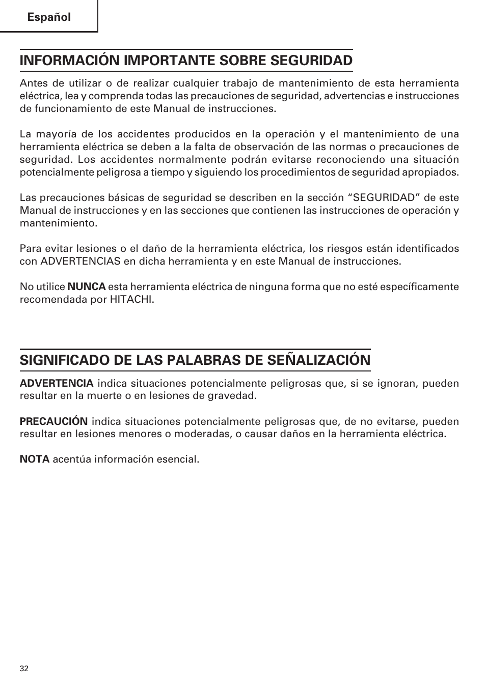 Información importante sobre seguridad, Significado de las palabras de señalización | Hitachi SP18VA User Manual | Page 32 / 48