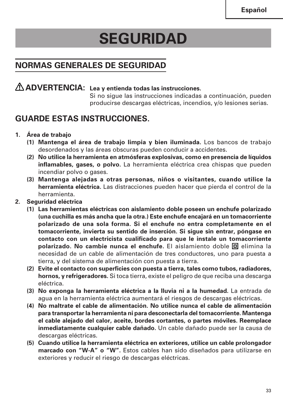 Seguridad, Normas generales de seguridad advertencia, Guarde estas instrucciones | Hitachi SP18VA User Manual | Page 33 / 48