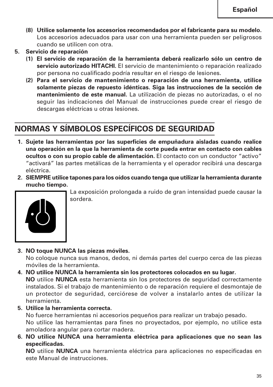 Normas y símbolos específicos de seguridad | Hitachi SP18VA User Manual | Page 35 / 48