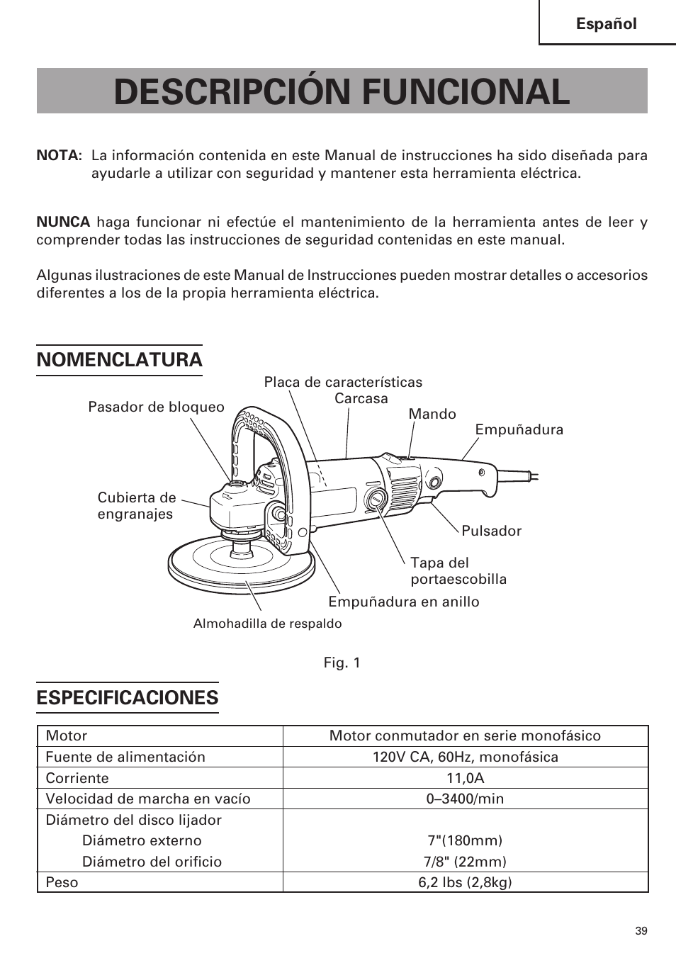 Descripción funcional, Especificaciones, Nomenclatura | Hitachi SP18VA User Manual | Page 39 / 48