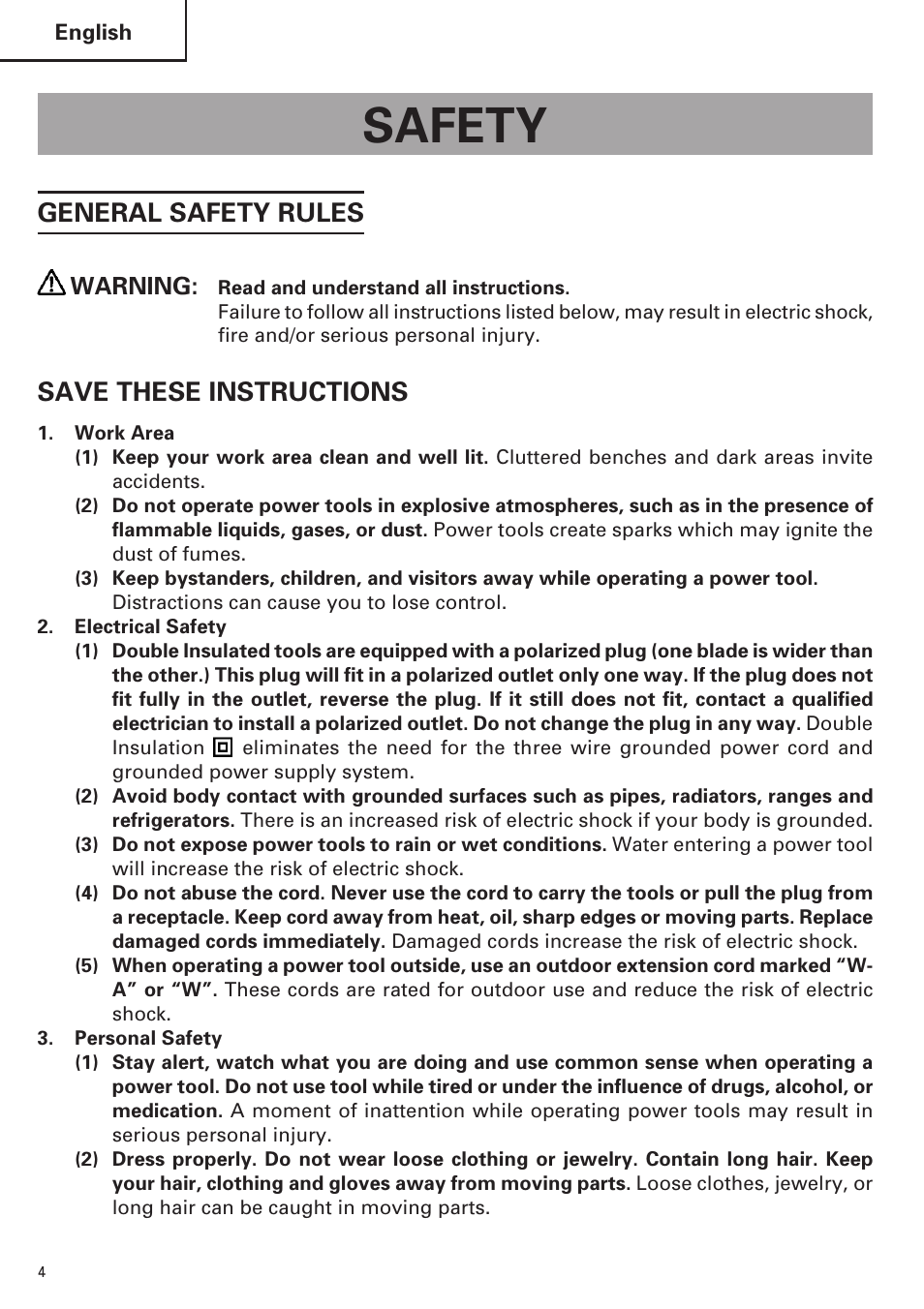 Safety, General safety rules, Save these instructions | Hitachi SP18VA User Manual | Page 4 / 48