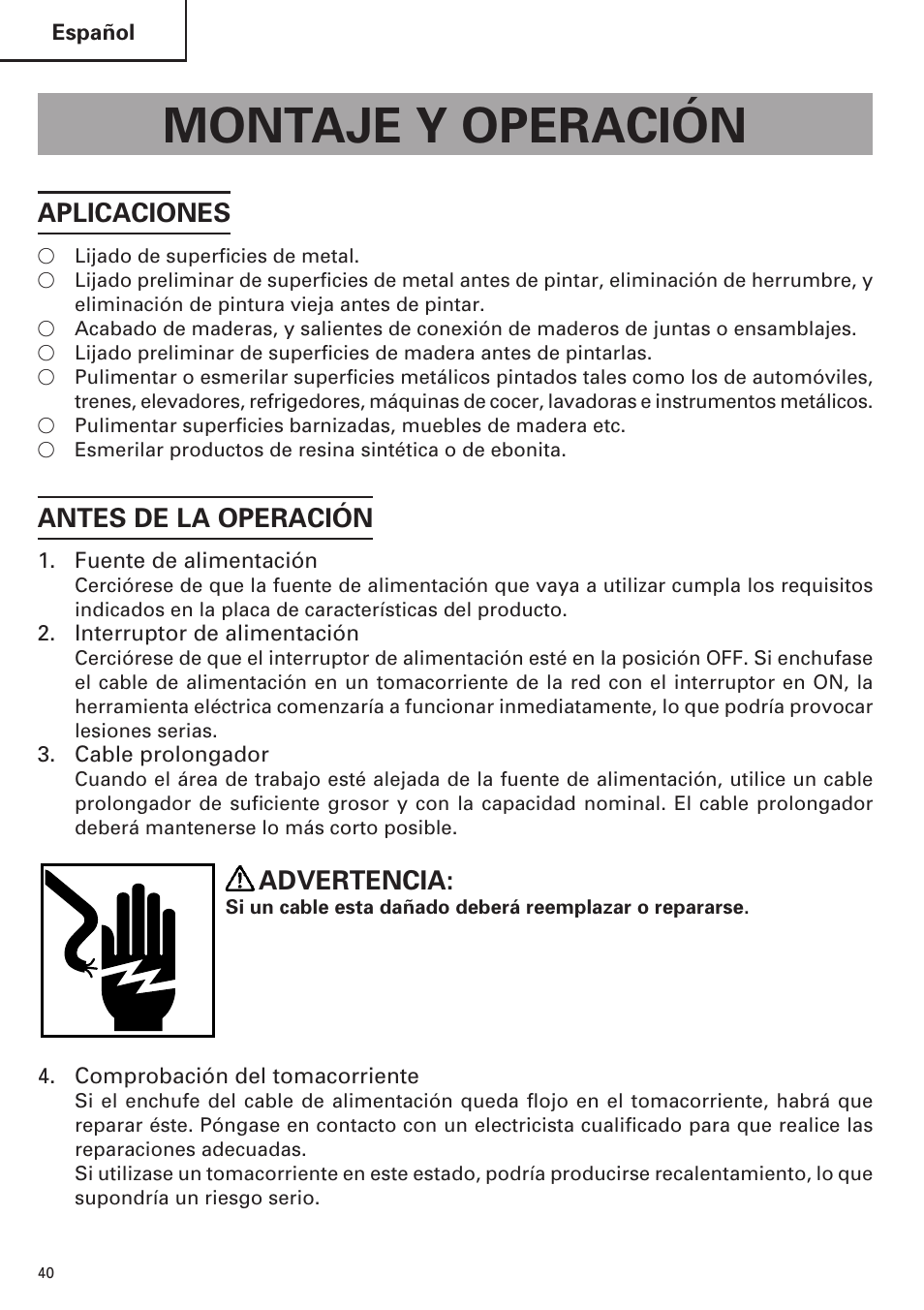 Montaje y operación, Aplicaciones, Antes de la operación | Advertencia | Hitachi SP18VA User Manual | Page 40 / 48