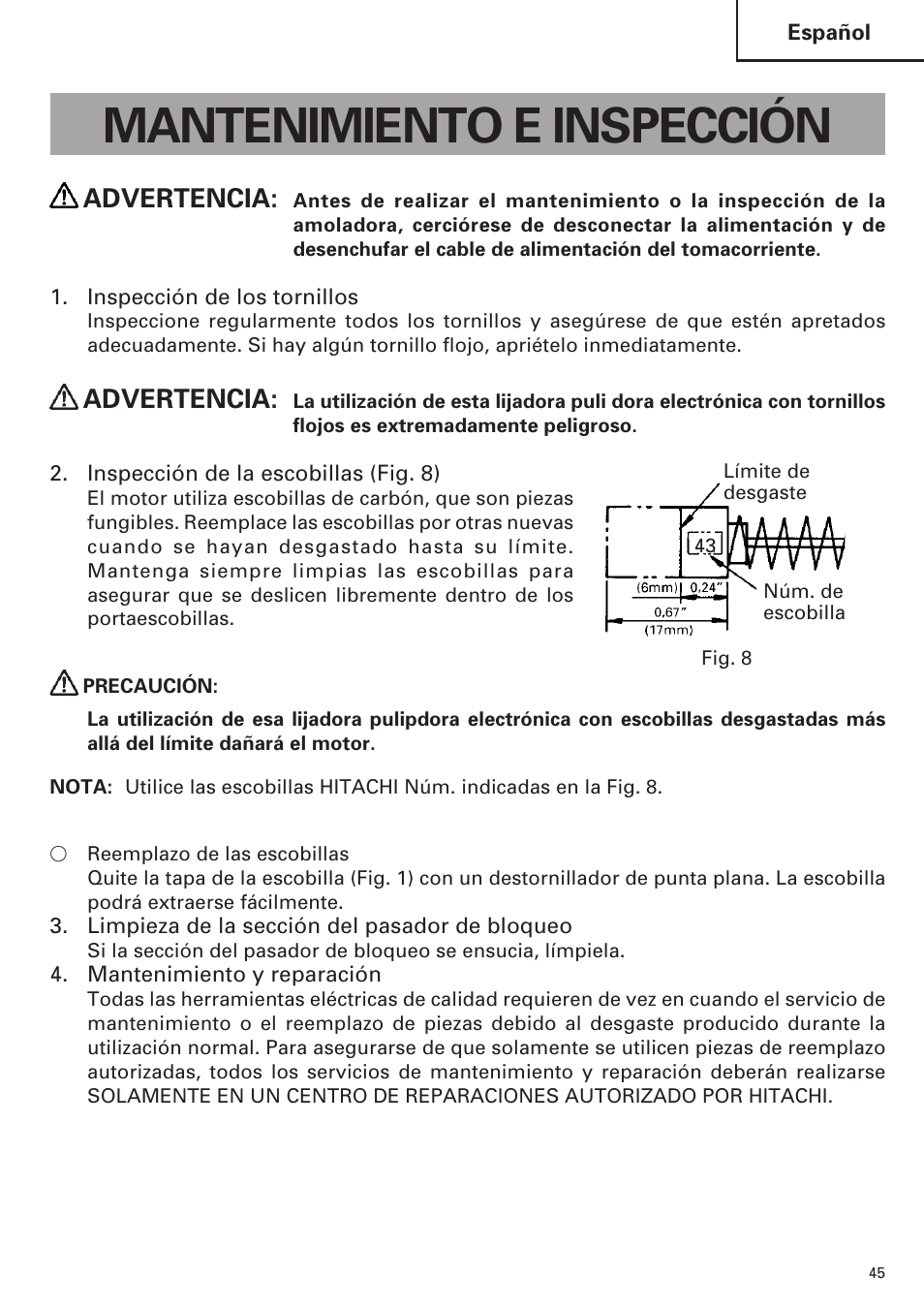 Mantenimiento e inspección, Advertencia | Hitachi SP18VA User Manual | Page 45 / 48