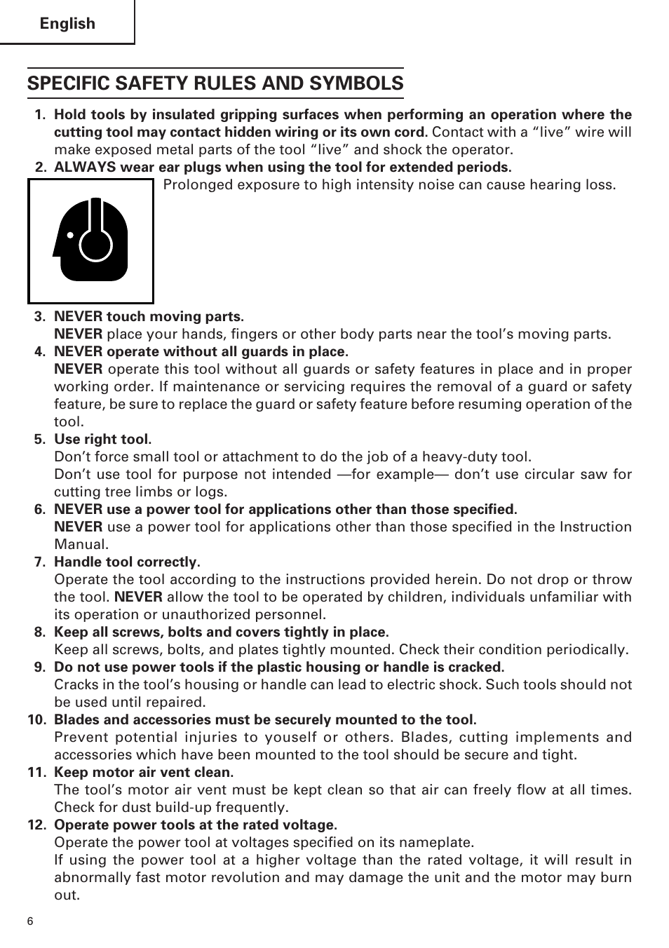 Specific safety rules and symbols | Hitachi SP18VA User Manual | Page 6 / 48