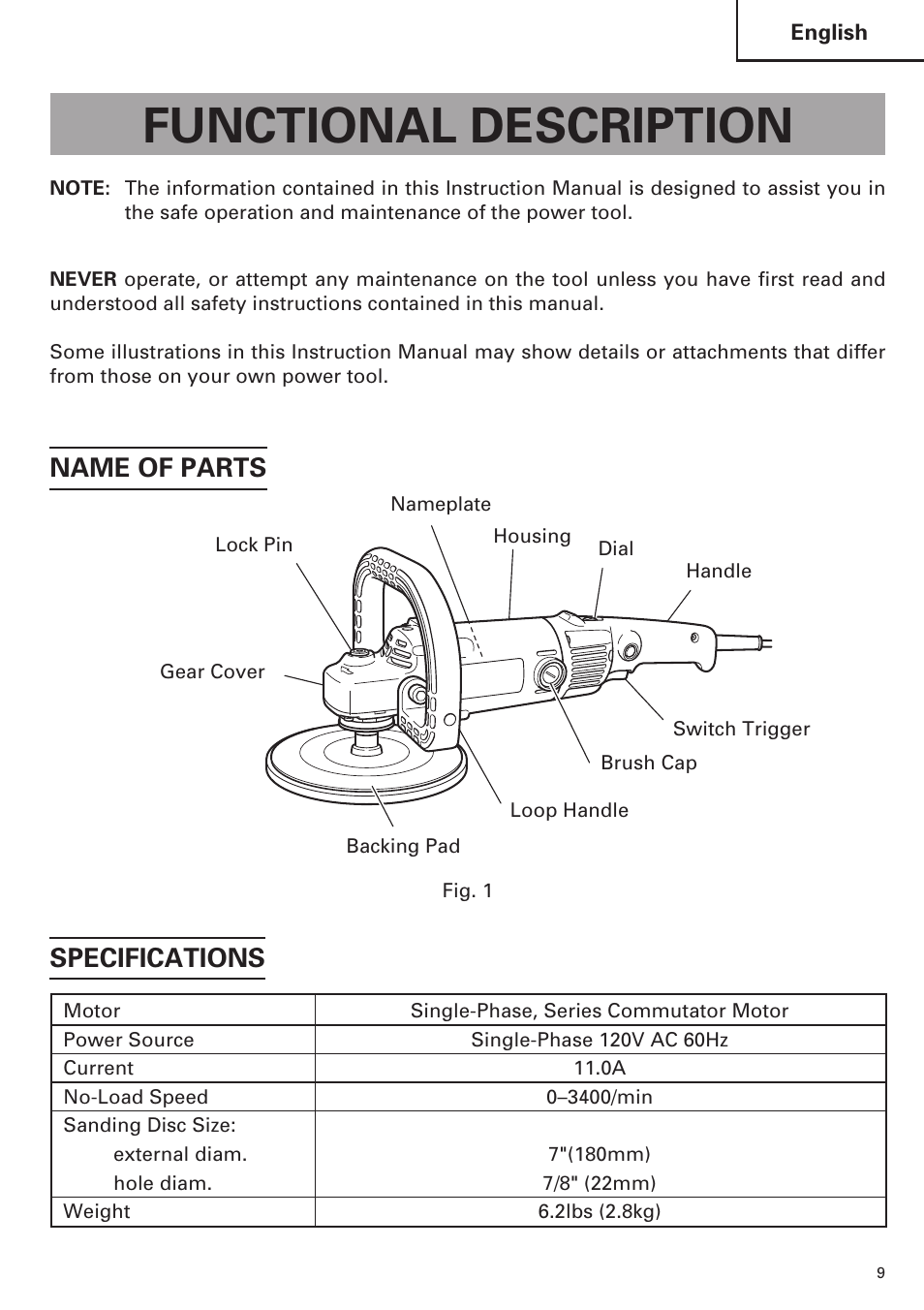 Functional description, Name of parts, Specifications | Hitachi SP18VA User Manual | Page 9 / 48