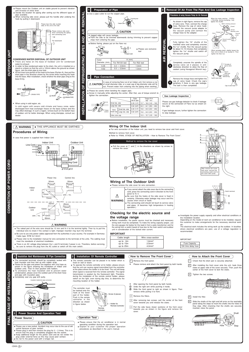 Outdoor unit, Final st a ge of inst alla tion, Air remo v a l | Procedures of wiring wiring of the outdoor unit, Connection of power cord, Wiring of the indoor unit | Hitachi RAS-14KH2 User Manual | Page 2 / 2