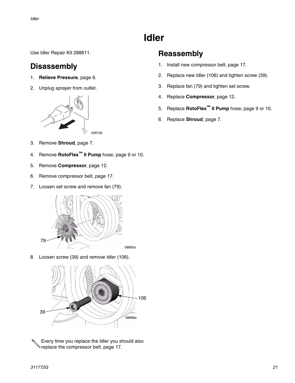 Idler, Disassembly, Reassembly | Hitachi RTX 900 User Manual | Page 21 / 34