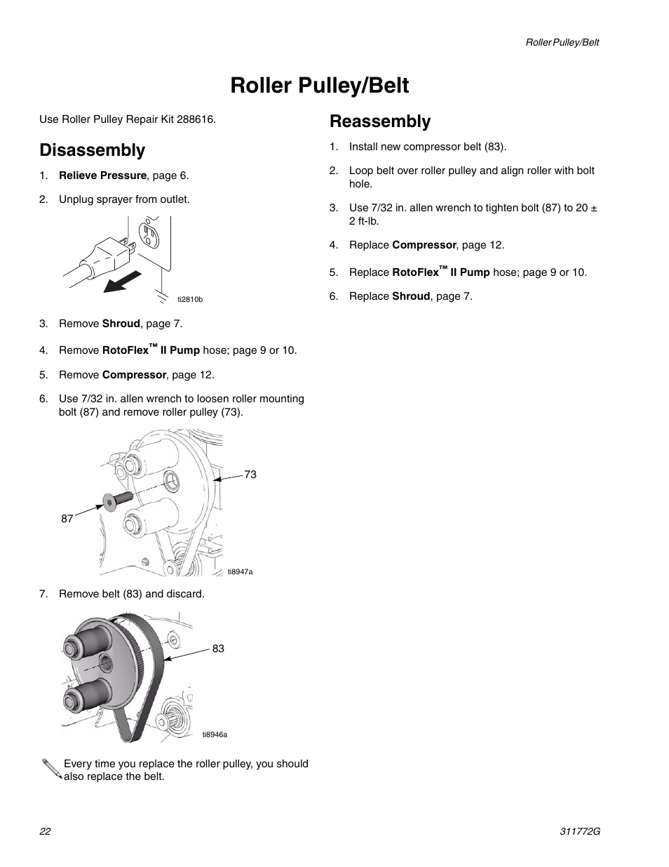 Roller pulley/belt, Disassembly, Reassembly | Hitachi RTX 900 User Manual | Page 22 / 34