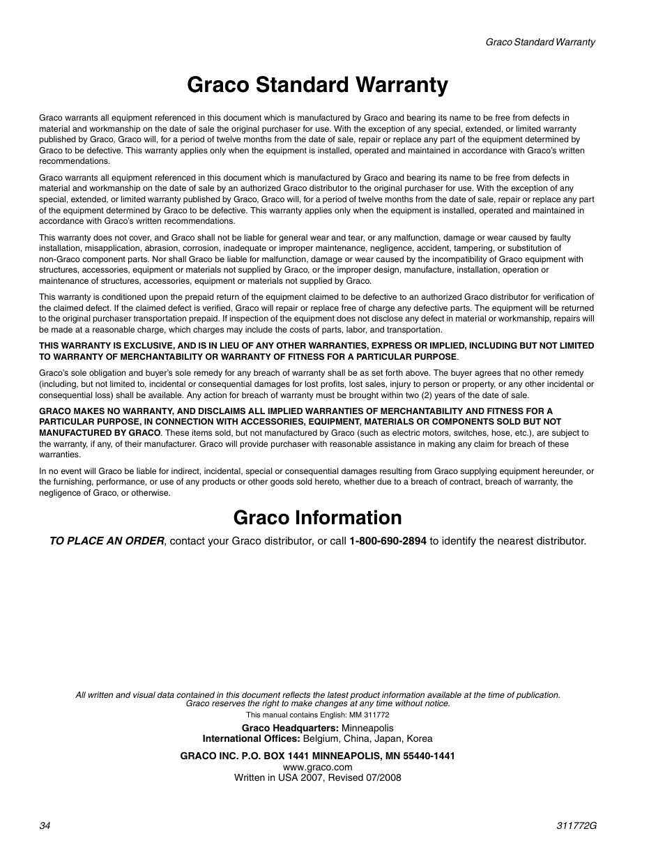 Graco standard warranty, Graco information | Hitachi RTX 900 User Manual | Page 34 / 34
