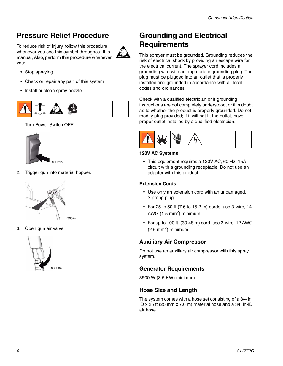 Pressure relief procedure, Grounding and electrical requirements | Hitachi RTX 900 User Manual | Page 6 / 34