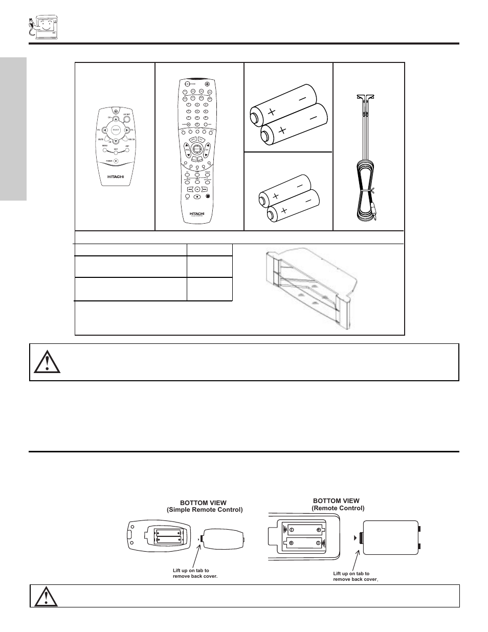 Accessories, First time use, Remote control batteries (“aa”) ir mouse cable 2 | Batteries (“aaa”) 3, Simple remote control, Bottom view | Hitachi 50VX500 User Manual | Page 4 / 84