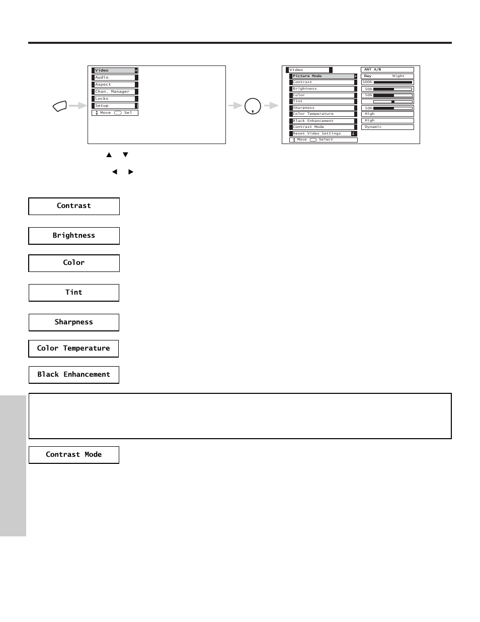 Video, On-screen displa y | Hitachi 50VX500 User Manual | Page 48 / 84