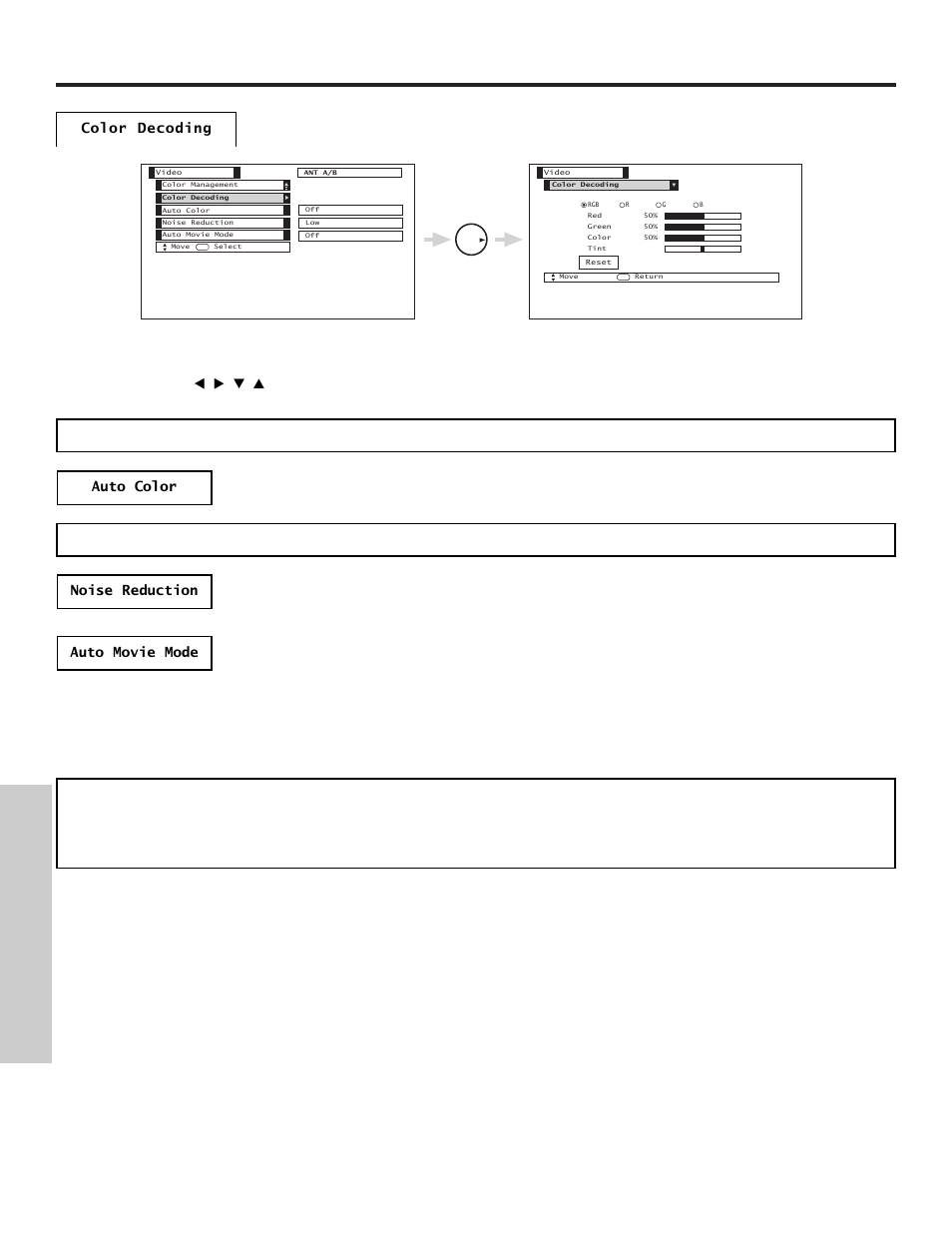 Video, On-screen displa y | Hitachi 50VX500 User Manual | Page 50 / 84