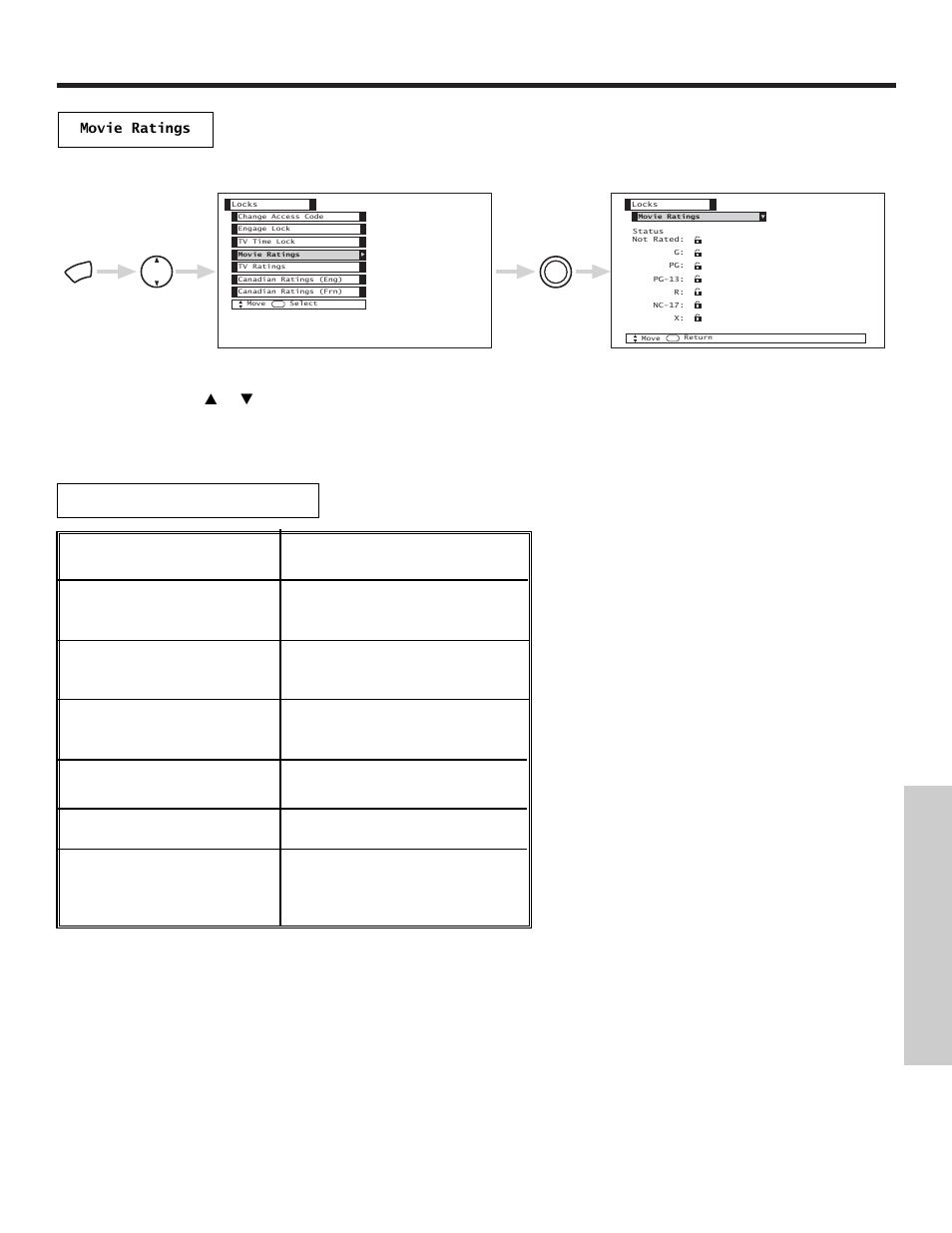 Locks, On-screen displa y, Gpg pg-13 r nc-17 x not rated (nr) | Hitachi 50VX500 User Manual | Page 59 / 84